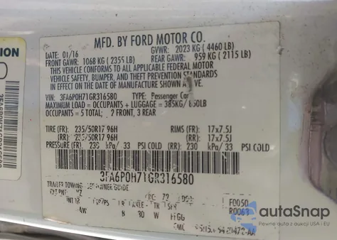 2016 Ford Fusion Se z USA, uszkodzony, nr VIN 3FA6P0H71GR316580